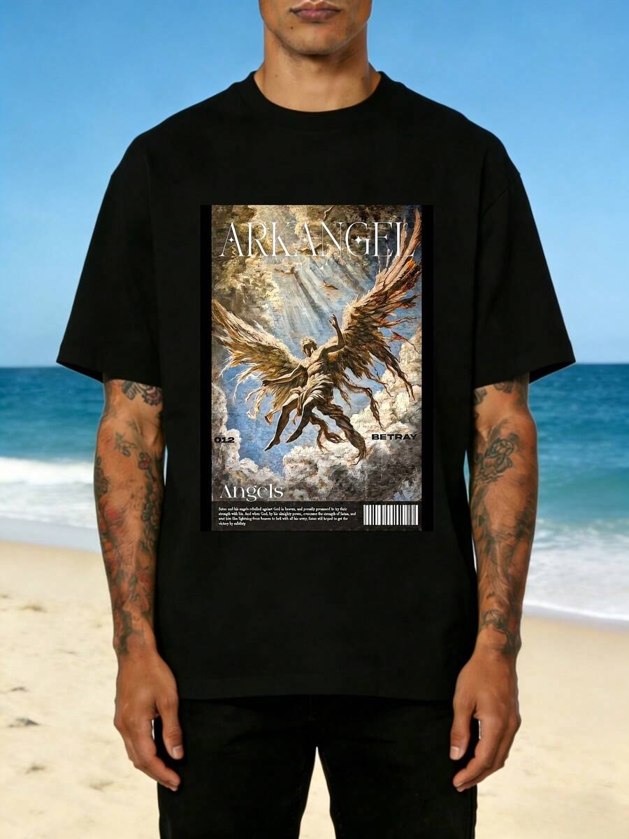 Unisex 100% Cotton T-Shirt With Archangel Print For Men And Women, Soft, Essential For Casual Street Wear In All Seasons, Versatile Style For All Seasons, Affordable Everyday Wear And Perfect Christmas Gift For Fans And Friends - 220g - 黑色 - 查看 1
