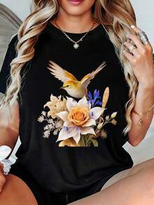 Women's T-Shirt With Bird Print - Casual Short Sleeve Summer T-Shirt, With Yellow-Orange And Pink-Iris Bird Designs, Soft And Breathable, A Perfect Gift For Mom, Grandma, Sisters And Friends. - 白色 - 查看 7