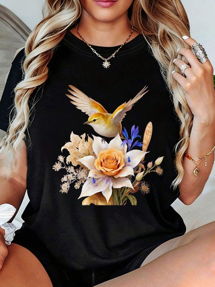 Women's T-Shirt With Bird Print - Casual Short Sleeve Summer T-Shirt, With Yellow-Orange And Pink-Iris Bird Designs, Soft And Breathable, A Perfect Gift For Mom, Grandma, Sisters And Friends. - 黑色 - 查看 1
