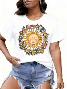 Camiseta de manga corta oversize con estampado floral de sol para mujer, estilo boho de verano, camiseta gráfica informal de ajuste holgado, blanca, 100% algodón. - Blanco - Ver 1