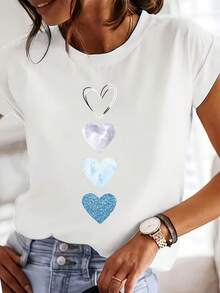 4 Estampados de Corazones Diferentes - Primavera/Verano - Camiseta Casual de Manga Corta y Cuello Redondo para Mujer - Ideal para Uso Diario en Interiores y Exteriores - Asequible - Blanco - Ver 2