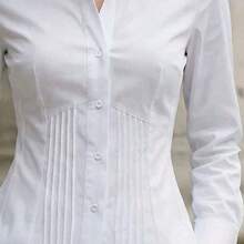 1 pieza Camisa de manga larga de ajuste delgado, elegante y casual con botones de un solo color, adecuada para la oficina, el hogar, el uso diario y las citas, todo el año, color blanco primaveral - Rojo - Ver 5