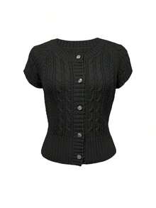 Nuevo cárdigan vintage con botones delanteros y tejido de punto calado - Negro - Ver 3