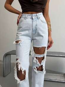 SQUALO Damen Frühling und Sommer Neue Straßen-Lässig-Stil Ausschnitt Dreidimensional Arbeitskleidung Tasche Gerade Weites Bein Super Lang Hose Damen Verwaschen Hellgrau Jeans - Blau - Übersicht 5