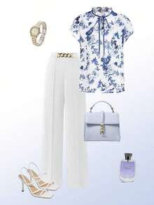 Blusa femenina fresca con estampado floral, dobladillo con volantes y frontal con lazo - Azul y blanco - Ver 1