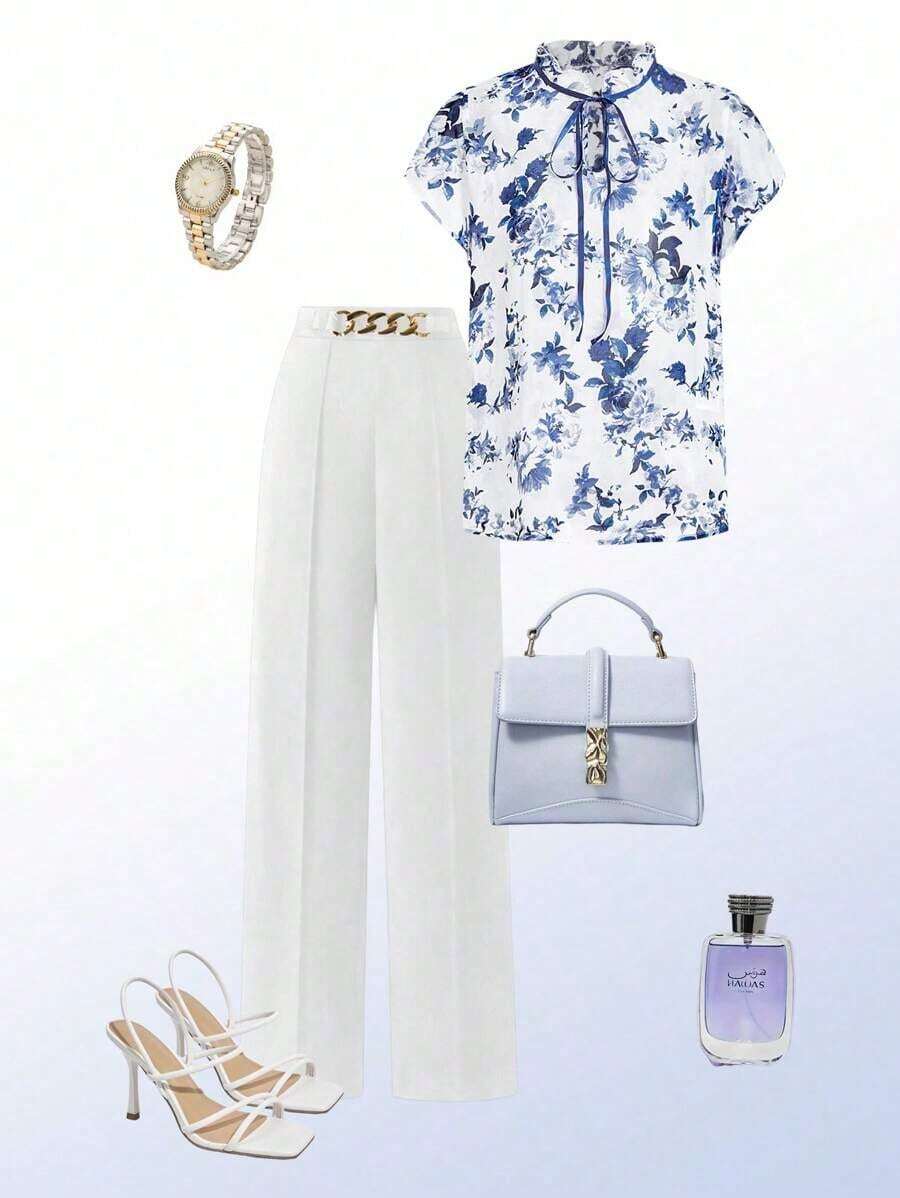 Blusa femenina fresca con estampado floral, dobladillo con volantes y frontal con lazo - Azul y blanco - Ver 1
