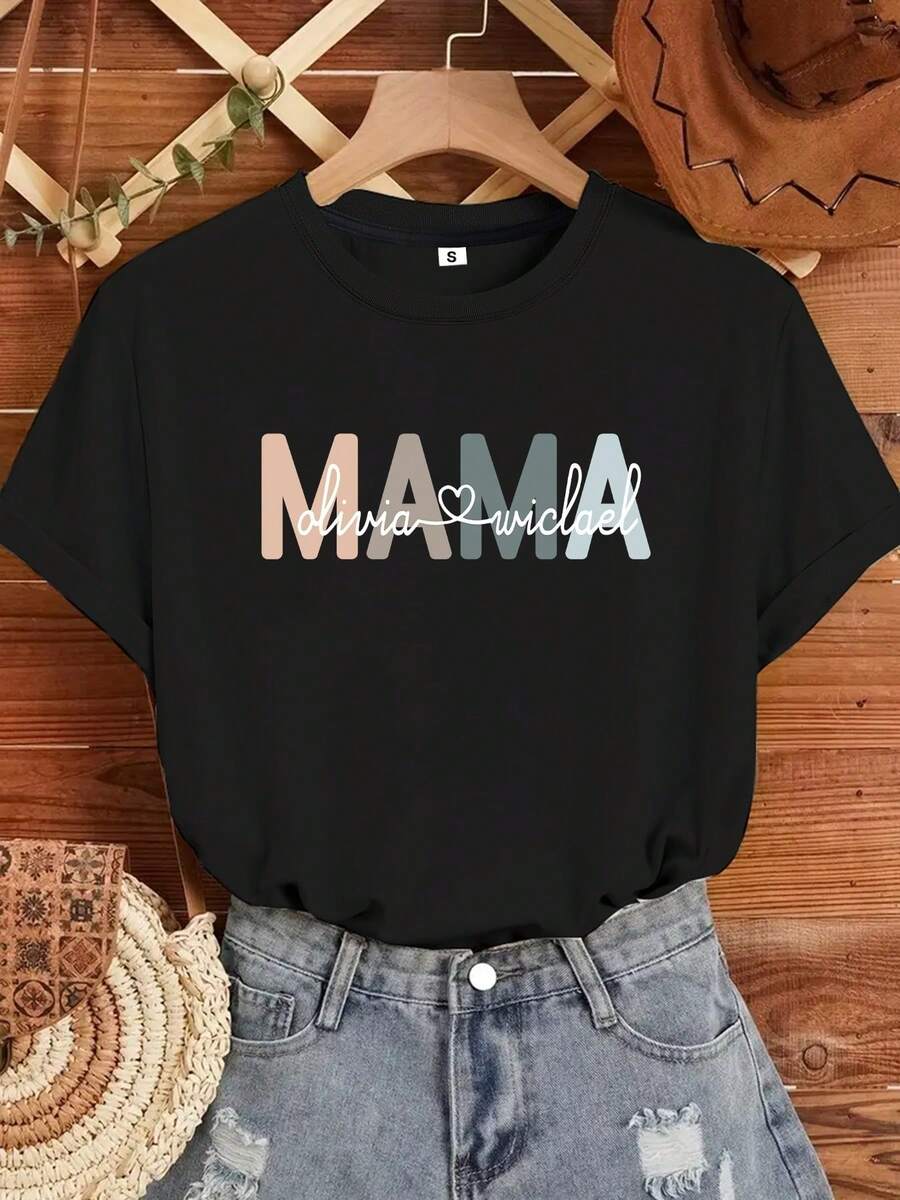 Camiseta Personalizada de Mamá con Nombres - Camiseta Familiar Personalizada para Mamá, Nombres y Regalo del Día de la Madre, Cuello Redondo Casual con Letras Personalizadas, Ropa Familiar Lavable a Máquina para Todas las Estaciones