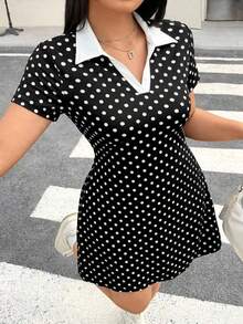 Vestido casual de manga corta con bloques de color y cuello de solapa para mujer talla grande - Blanco y Negro 2 - Ver 3