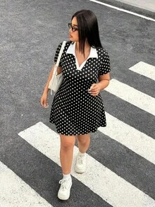 Vestido casual de manga corta con bloques de color y cuello de solapa para mujer talla grande - Blanco y Negro 2 - Ver 7