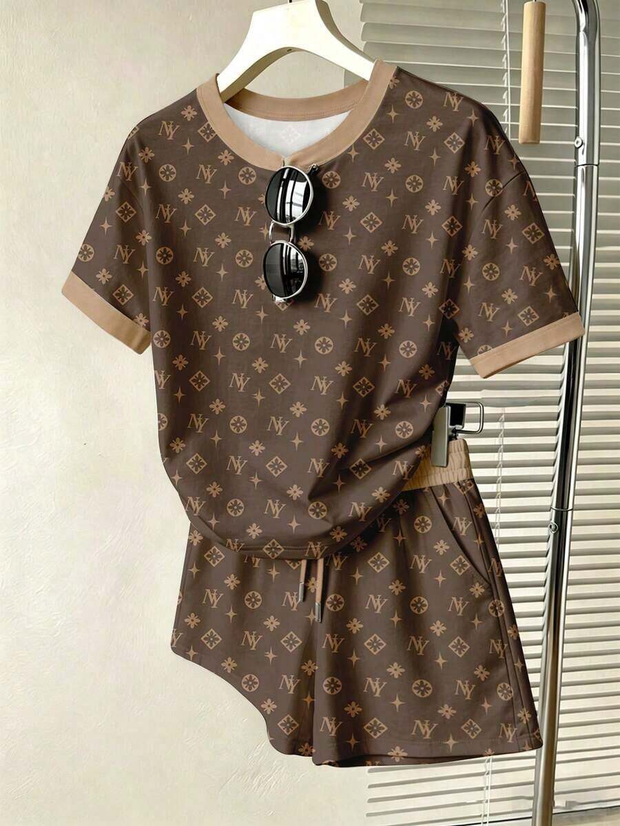 Conjunto de 2 piezas de camiseta de manga corta con cuello redondo y pantalones cortos con estampado todo sobre en estilo vintage casual para mujer, para verano - Multicolor 4 - Ver 1