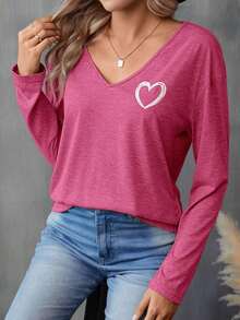 Camiseta de manga caída con estampado de corazón, informal - Rosa Fucsia - Ver 7