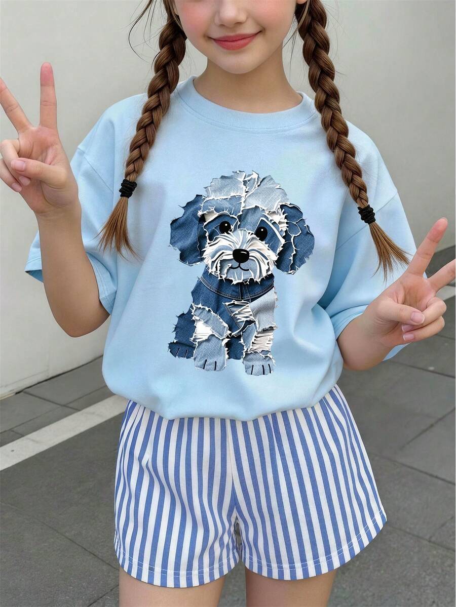 大童女孩休閒淺藍色圓領T恤,創意小狗印花圖案裝飾,時尚舒適夏季新款 - 淺藍色 - 查看 1
