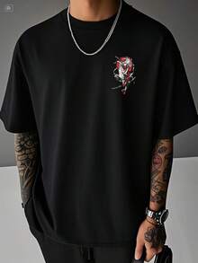 Samurai Print T-Shirt - 100% Cotton Short Sleeve Martial Arts Design With Katana And Kanji On The Back, Casual Round Neck For Summer, Themed Events And Casual Wear - 黑色 - 查看 2