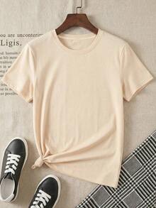Camiseta de manga corta con cuello redondo y estampado para mujer. Perfecto para citas, desplazamientos diarios y salidas informales. Diseño clásico minimalista de cuello redondo, fácil de combinar y adecuado para todas las formas de cuerpo. - Beis - Ver 2