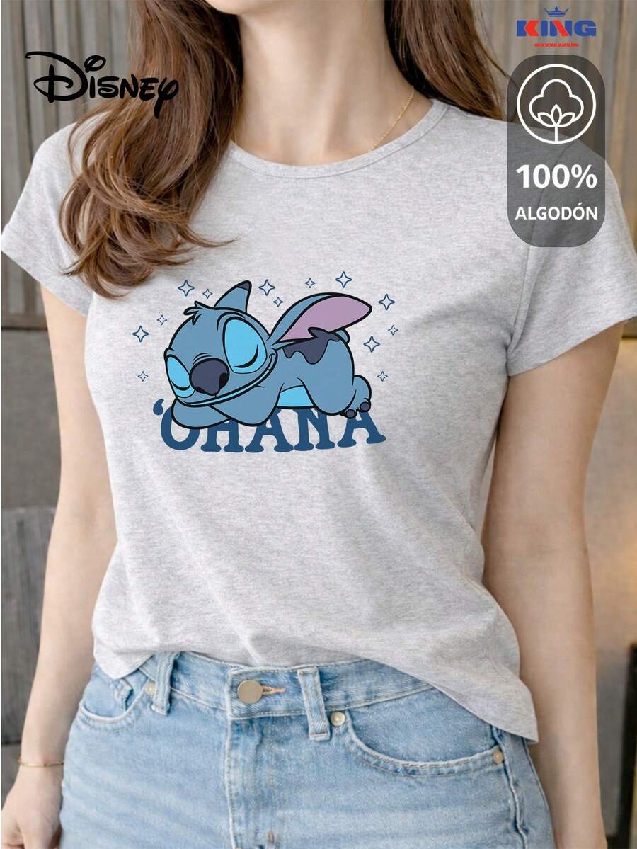 This 100% Cotton T-Shirt Is Of Excellent Quality, Guaranteeing Exceptional Softness To The Touch. It Features A Round Neck With A "Disney Stitch Ohana Sleepy" Print And Short Sleeves. - 淺灰色 - 查看 1