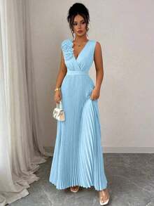 Vestido de verano de cuello en V azul claro con cintura ceñida, aplicación floral en el pecho y falda plisada en línea A, elegante estilo francés - Azul - Ver 6