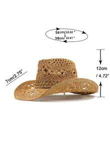 1pc Solid Color Casual Hollow-Out Decor UV Protection Woven Panama Hat, Versatile Western Cowboy Sun Hat, Suitable For All Seasons, For Women - Panama Straw Hat - View 7