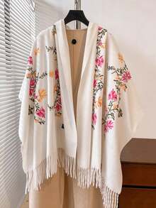 1pc Faux Cashmere Floral Embroidered Scarf, Thick Warm Bohemian Tasseled Embroidered Shawl For Women - Multicolor - View 1