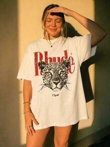 Y2KCHAOS Retro Streetwear Graphic Tee With Bold Leopard Print And Rhude-Style Typography, Oversized Fit For Urban Fashion Lovers, Perfect For Youth And -Setting Individuals Seeking Edgy Statement Wear, Vintage Style (220 Pure Cotton T-Shirt) Manfinity2026 - trắng - Xem 1