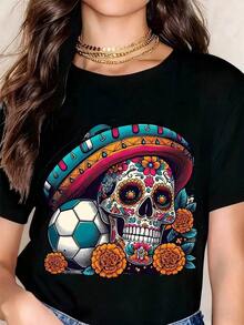 Mexican Skull Football Cap - Multicolor With Floral And Marigold Print, Day Of The Dead Theme - Perfect For Football Fans, Festivals, And Cultural Celebrations. Short-Sleeved T-Shirt. - 黑色 - 查看 6