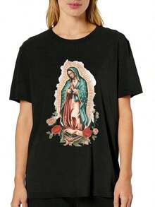 Women's Casual T-Shirt With Virgin Of Guadalupe Graphic, Short Sleeve, Comfortable For Casual And Elegant Outfits, Lightweight And Breathable, Machine Washable, Regular Fit, Crew Neck, 100% Cotton, Durable - 黑色 - 查看 2