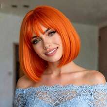 30cm Orange Straight Bobbed Wig With Bangs, High Density Synthetic Fiber, Adjustable Cap, Suitable For All Women To Wear On Halloween And Daily, Smooth And Versatile Style, Natural Look For Multiple Skin Tones - Orange - View 6