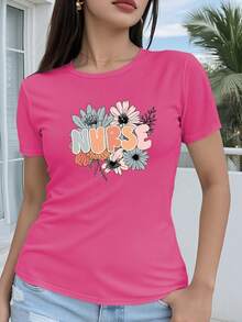 Women's T-Shirt 100% Cotton, Short Sleeve, Regular Fit - Vibrant Design With Floral Nurse Print And 2D Geometric Drawing, Casual And Fun Style, Round Neck, Available In Multiple Colors And Sizes For All Seasons, Festive Fashion, Retro Aesthetic, Breathable Material, Fun. - 杏色 - 查看 8