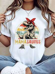 Camiseta de manga corta con cuello redondo y estampado para mujer Mama Saurus Dinosaurio Con Pañuelo Y Palmeras S-3XL moda, cómodo y transpirable uni lavable a máquina - Blanco - Ver 2