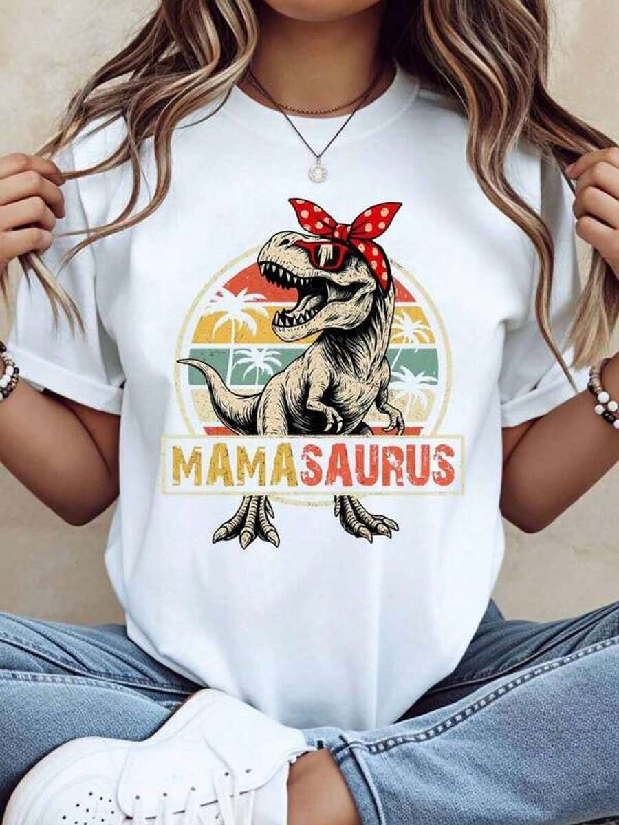 Camiseta de manga corta con cuello redondo y estampado para mujer Mama Saurus Dinosaurio Con Pañuelo Y Palmeras S-3XL moda, cómodo y transpirable uni lavable a máquina