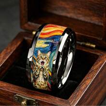 8mm Steel Color Tungsten Carbide Beveled Edge Ring, Printed With Scream Style Cat Parody Pattern, Playful Artistic Personalized Ring, Comfortable Fit Unisex Jewelry, Suitable As Gift For Cat Lovers - Silver - View 10