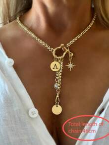 1 PC Collier pendentif lettre A-Z doré, chaîne pendentif étoile octogonale, collier multi-pendentif, chaîne en acier inoxydable, pour le travail, l'usage quotidien, les fêtes, - Or jaune - Voir 7