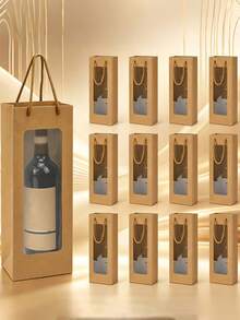 5 túi/1 túi đựng chai rượu vang màu nâu Kraft có cửa sổ trong suốt, túi xách tái sử dụng đựng rượu mạnh, sâm panh, quà tặng ngày lễ và tân gia. - A - Xem 2