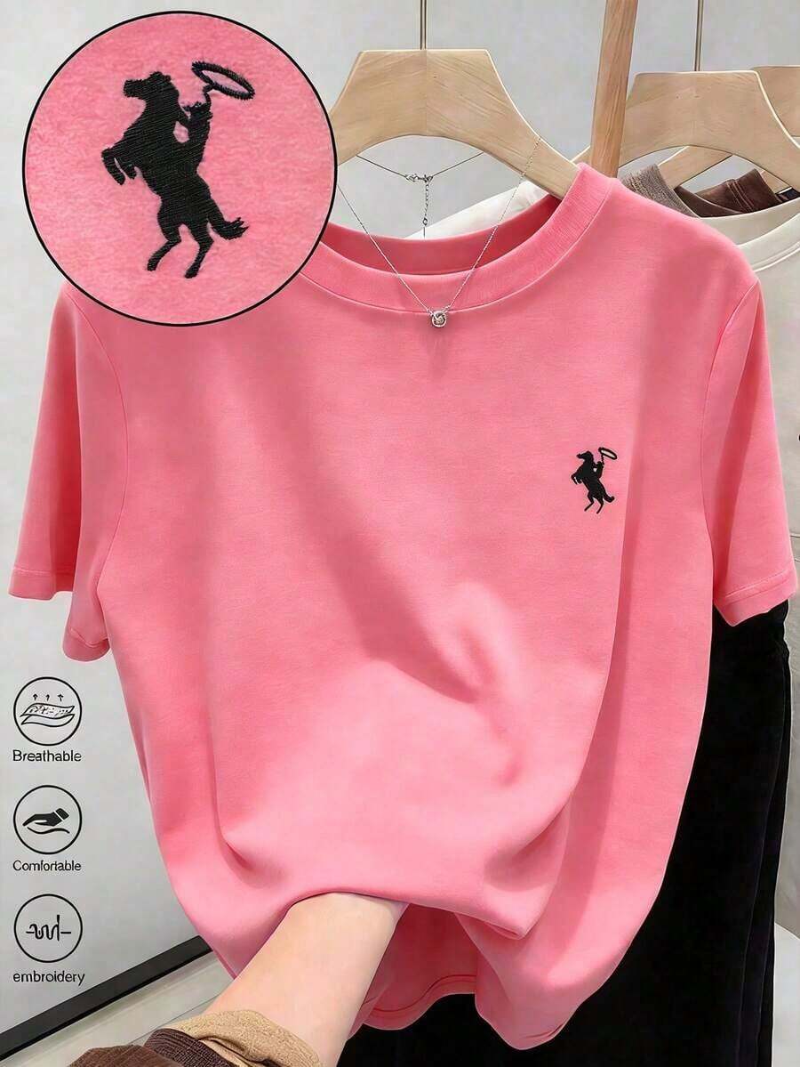 Women's Crew Neck T-Shirt With Men's Embroidered Print - Casual Crew Neck Top - Lightweight T-Shirt Suitable For All Seasons - 粉色 - 查看 1