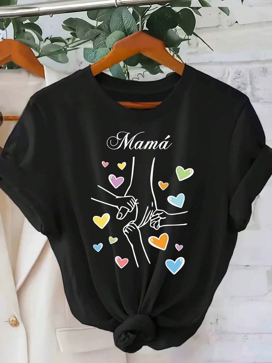 2026Camiseta Gráfica "Mamá" para Mujer - Camiseta de Manga Corta Rosa con Cuello Redondo e Ilustración de Corazón, Cómoda y Casual para Uso Diario, Ideal para el Verano, Camiseta Casual | Ilustración Divertida | Ajuste Cómodo, Camisetas para Damas2026 - Negro - Ver 1