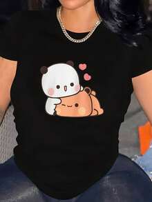 2026Camiseta de Mujer de Cuello Redondo Estampada, Andii Adorable Bubu & Dudu Abrazándose, Diseño Divertido, Manga Corta, Cómoda y Casual para Deportes2026 - Negro - Ver 10