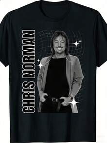 Unisex T-Shirt Featuring A Chris Norman Portrait And Name Print, Soft And Comfortable Against The Skin, Suitable For All Seasons. A Versatile Streetwear Staple, Affordable For Everyday Wear, And A Perfect Christmas Gift For Fans And Friends. Ideal For Outdoor Activities, Vacations, Warm Weather, Summer Casual Wear, And Parties. Perfect For Parties, Family Holidays, And Everyday Wear. - 黑色 - 查看 1