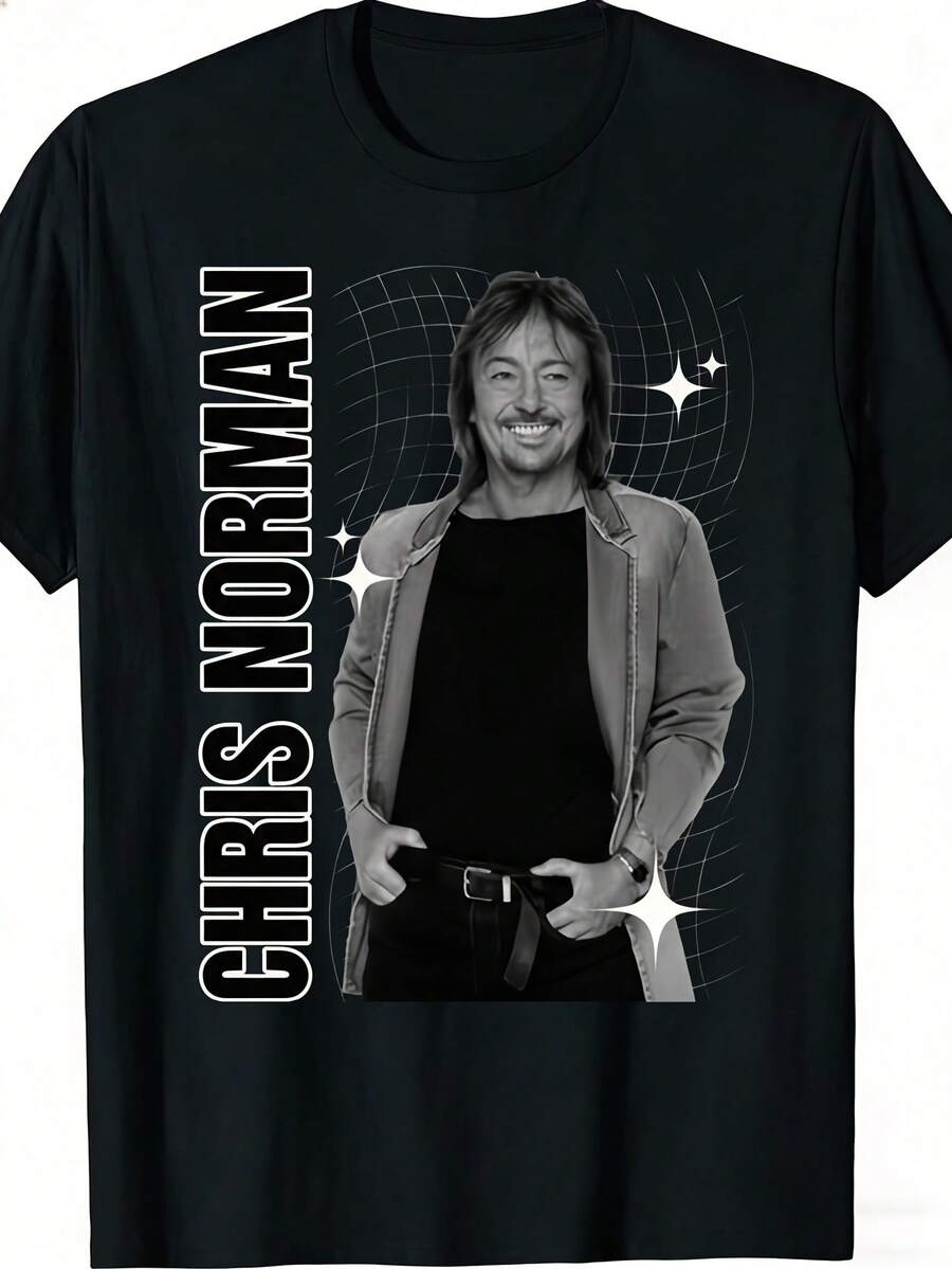 Unisex T-Shirt Featuring A Chris Norman Portrait And Name Print, Soft And Comfortable Against The Skin, Suitable For All Seasons. A Versatile Streetwear Staple, Affordable For Everyday Wear, And A Perfect Christmas Gift For Fans And Friends. Ideal For Outdoor Activities, Vacations, Warm Weather, Summer Casual Wear, And Parties. Perfect For Parties, Family Holidays, And Everyday Wear. - 黑色 - 查看 1
