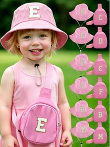 2 Pieces A-Z Letter Children's Bucket Hat, Stylish Simple Visor With A Shoulder Crossbody Bag, Suitable For Boys And Girls To Go Out Everyday. - Pink - View 1