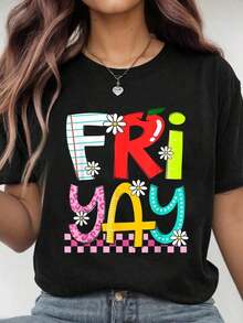 Camiseta 100% Algodón Divertida Fri-Yay Feliz Viernes Fin de Semana de Maestro Regreso a Clases blusa casual mujer playeras de mujer algodón - Negro - Ver 5
