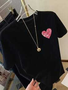 Heart And Glitter Print T-Shirt, Short Sleeves, Round Neck, Casual Top For Spring And Summer, Women's Clothing - High Quality - 黑色 - 查看 2