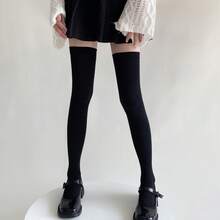 1 par de calcetines por encima de la rodilla de ajuste delgado de unicolor negro y gris, para otoño/invierno - Negro - Ver 8