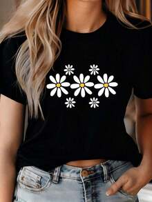 Camiseta de manga corta para mujer, transpirable, con estampado floral de margaritas negras - Corte relajado, cuello redondo, top casual, tela transpirable de elasticidad media, disponible en tallas grandes, lavable, para primavera, verano y otoño, ropa de vacaciones, estilo simple y elegante, material no transparente, playeras de mujer algodón,  mujer premium. - Negro - Ver 3