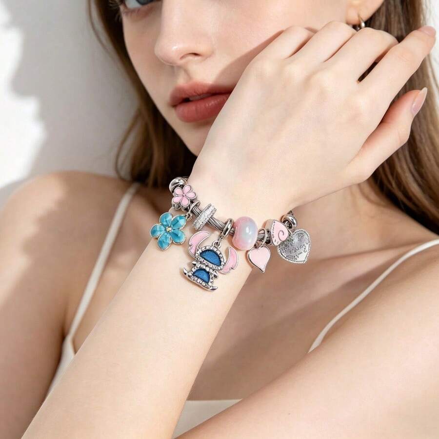 Lilo & Stitch Charm Bracelet, Silver Plated Snake Chain With Pink & Blue Crystal Charms, Ohana Inspired Bracelet For Women, Perfect Daily Wear & Gift - Bạc - Xem 1