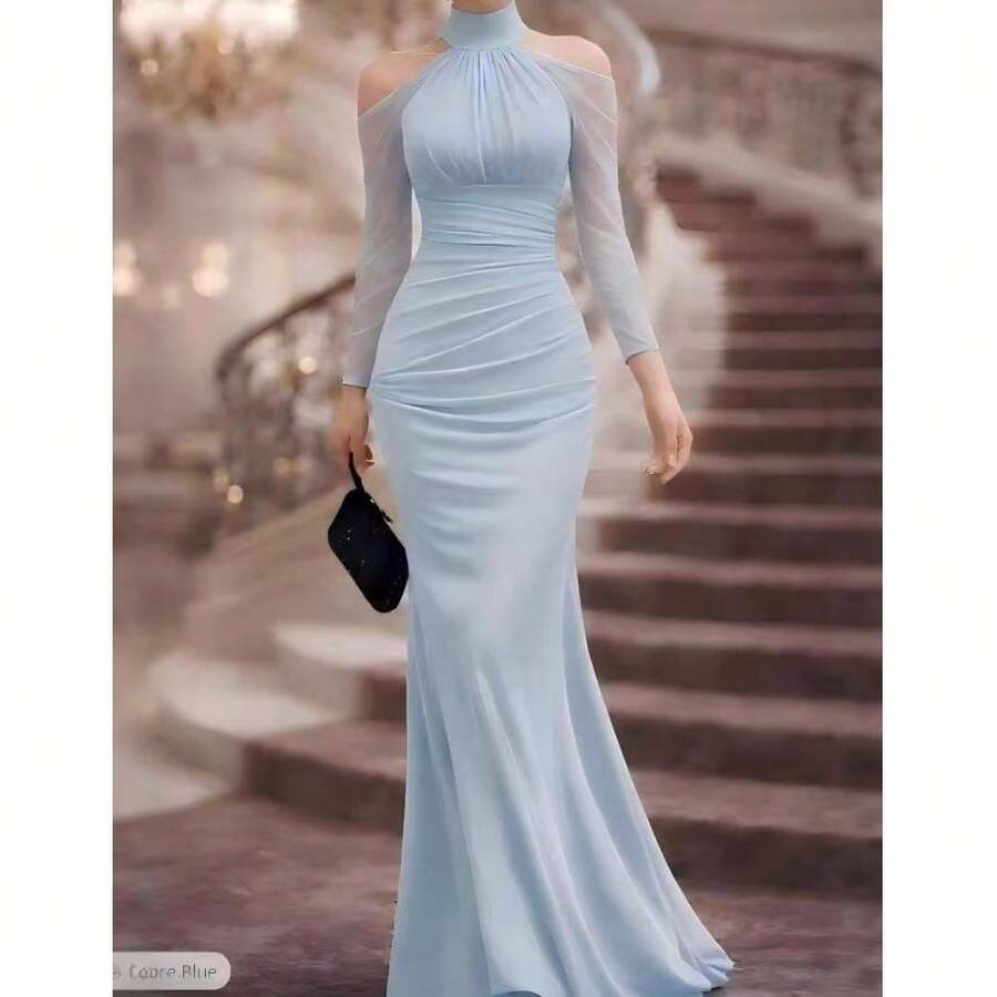 2026 New Sexy Style Of Sexy And Fashionable Party Dress With A Halter Neck, Elegant And Refined Chiffon Off-The-Shoulder Long-Sleeved Evening Gown - 淺藍色 - 查看 1