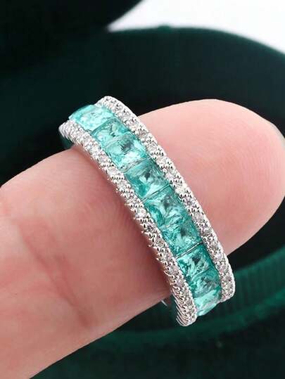 Fashionable Circle & Square Imitation Paraiba Blue Couple Rings, Jewelry Gift For Valentine's Day