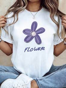 Camiseta de algodón puro con ilustración floral sencilla y estampado de PATRÓN FLORAL, camiseta de mujer para primavera/verano, adecuada para uso diario casual, salidas artísticas y paseos por el jardín. - Blanco - Ver 1