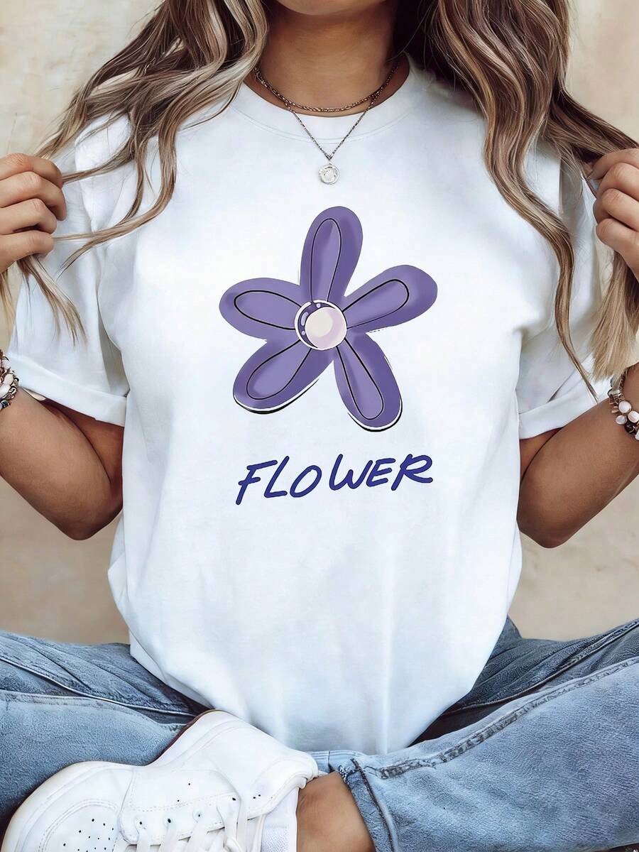 Camiseta de algodón puro con ilustración floral sencilla y estampado de PATRÓN FLORAL, camiseta de mujer para primavera/verano, adecuada para uso diario casual, salidas artísticas y paseos por el jardín. - Blanco - Ver 1