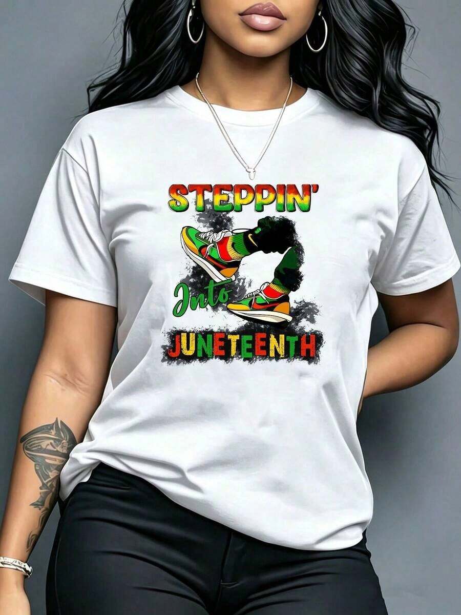 Camiseta con Estampado Brillante "Steppin Into Juneteenth", Camiseta Casual de Verano de Manga Corta, Prenda Básica para el Día a Día - Blanco - Ver 1