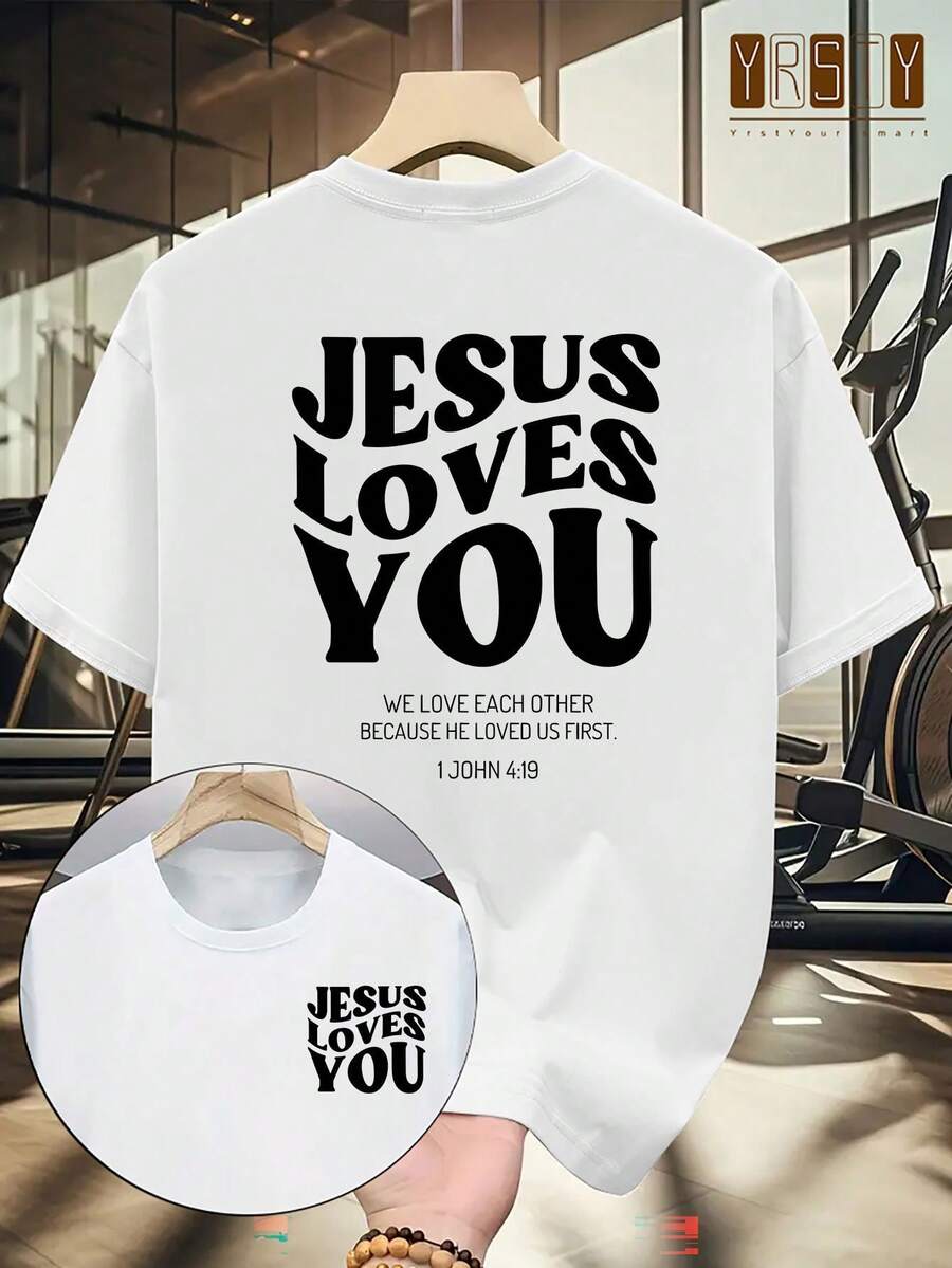 Camiseta única con estampado a doble cara, corte regular, diseño de manga corta, ligeramente elástica, con patrón de letras estampadas, adecuada para la moda de verano. - Blanco - Ver 1