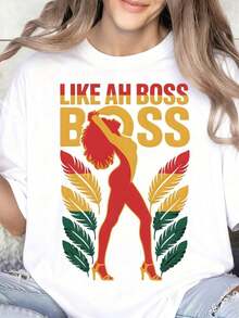 Women's T-Shirt "Like Ah Boss Boss" With Bold Graphic Design Of Tropical Leaves And Confident Woman Silhouette, Perfect For Empowerment And Self-Confidence, Ideal For Everyday Casual Outfits And Special Occasions, 100% Pure Cotton, Women's T-Shirt. - 白色 - 查看 1